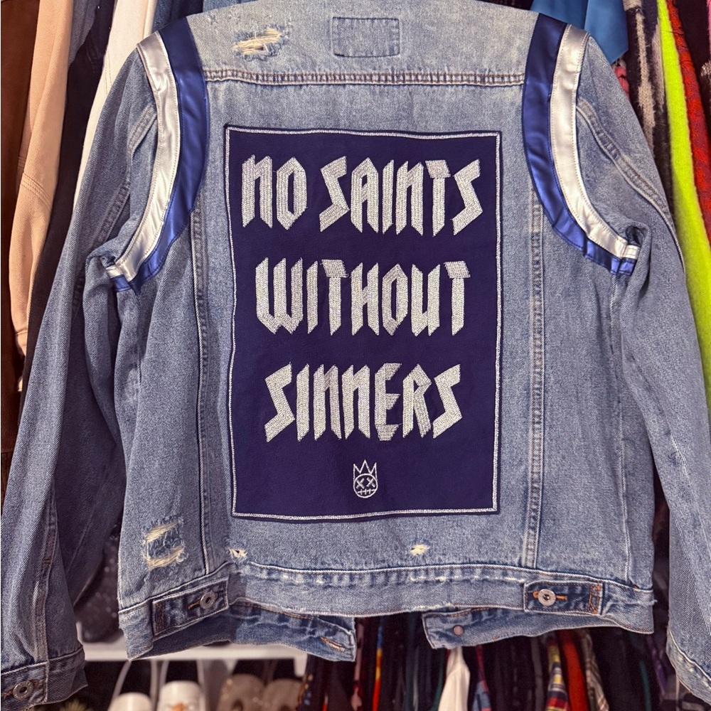 Cult of Individuality Distressed Denim Jacket with Graphic Back
